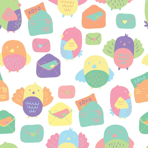 Love Letter seamless vector pattern with adorable lovebirds and letters. Hand drawn texture for fabrics, paper and web. St.Valentines Day. — Stockový vektor