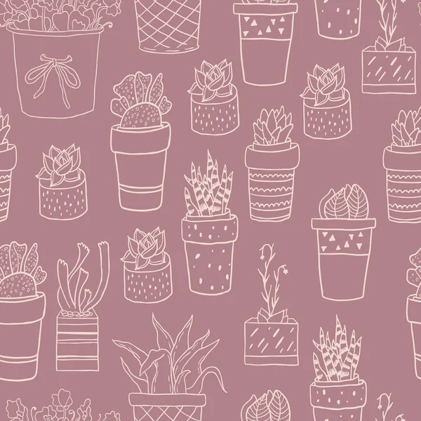 Cute hand drawn terrariums, houseplants and succulents in pots. Seamless vector pattern. — Stock Illustration Cute hand drawn terrariums, houseplants and succulents in pots. Seamless vector pattern. Royalty Free Stock Vectors