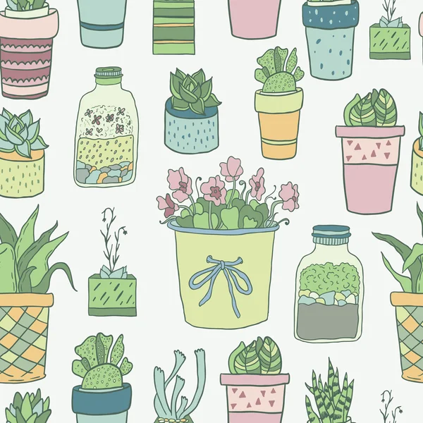 Cute hand drawn terrariums, houseplants and succulents in pots. Seamless vector pattern. — Stock Illustration Cute hand drawn terrariums, houseplants and succulents in pots. Seamless vector pattern. Royalty Free Stock Illustrations