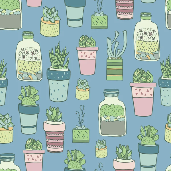 Cute hand drawn terrariums, houseplants and succulents in pots. Seamless vector pattern. — Stock Illustration Cute hand drawn terrariums, houseplants and succulents in pots. Seamless vector pattern. Stock Vector