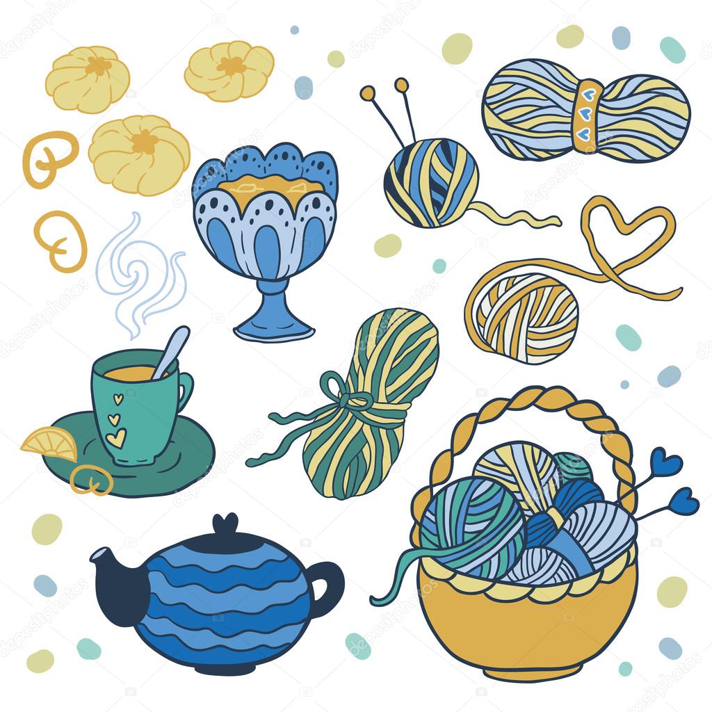 I love knitting! Fun outline vector set for your design, scrapbook pages, blog. Hand drawn yarn, ravel, teapot, vase with jam, cookies, lemon tea, pretzels.