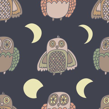 Night creatures seamless vector pattern with adorable owls Moon phases. Hand drawn texture for fabrics, paper and web. clipart