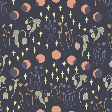 Night creatures seamless vector pattern with night garden and stars. Moon phases. Hand drawn texture for fabrics, paper and web.