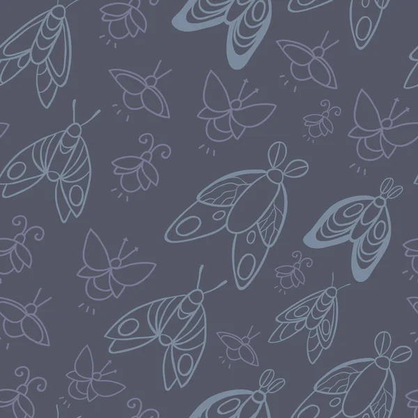 Night creatures seamless vector pattern with moths and fireflies. Hand drawn insects. — ストックベクタ
