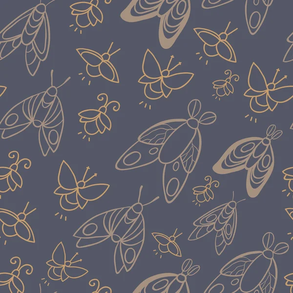 Night creatures seamless vector pattern with moths and fireflies. Hand drawn insects. — 스톡 벡터