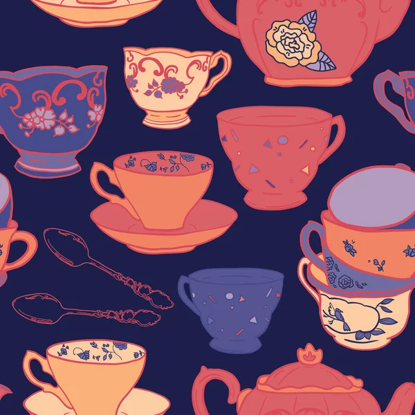 Patrón sin costura vectorial con teteras, tazas de té, cuchara. Fondo de té retro en colores vivos . — Archivo Imágenes Vectoriales