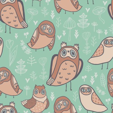Hooo sorunsuz vektör desen. Sevimli baykuşlar, çiçek ve meyveleri