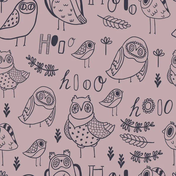 Hooo Seamless Vector pattern. Cute owls, florals and mushrooms — Stock Vector