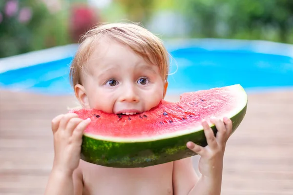 Toddler child eating watermelon near swimming pool during summer holidays. Kids eat fruit outdoors. Healthy snack for children. Little boy playing in the garden holding a slice of water melon.