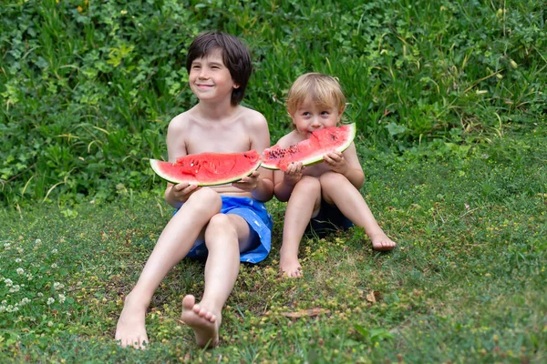 Δύο Αδέλφια Μεγάλες Κόκκινες Φέτες Καρπουζιού Κάθονται Στο Πράσινο Γρασίδι — Φωτογραφία Αρχείου