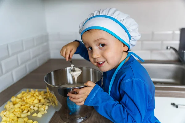 Adorable Little Boy Helping Baking Apple Pie Home Kitchen Indoor — Stock Photo, Image