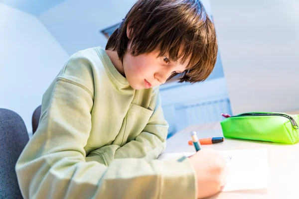 Ragazzo Che Compiti Casa Seduto Tavola Esercizi Scrittura Concentrati Bambini — Foto Stock