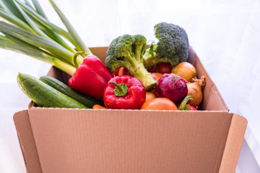 Karton bir kutuda farklı taze sebzeler. Coronavirus karantinası sırasında yiyecek teslimatı. Brokoli, pırasa, salatalık, dolmalık biber, domates, soğan süpermarketten alınmış..