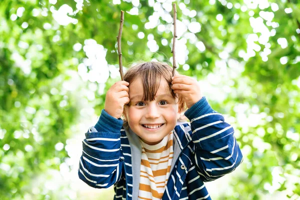 Menino Pré Escolar Joga Floresta Verão Com Paus Madeira Retrato — Fotografia de Stock