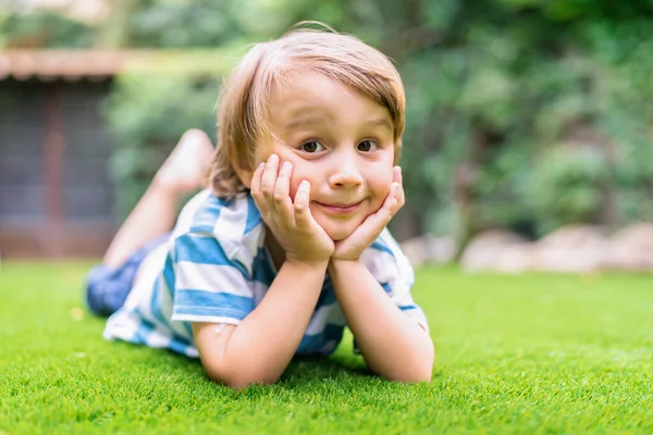 Positive Toddler Boy Lying Grass Summer Smiling Child Spending Vacation — Stock Photo, Image