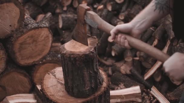 Försöker hugga tätt trä. Nya försök utan uppehåll efter misslyckande. — Stockvideo