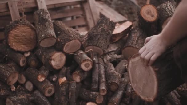 Man takes a big log to start chop — Stock Video