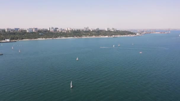 Vista aérea sobre a paisagem da cidade nas colinas verdes de um litoral — Vídeo de Stock