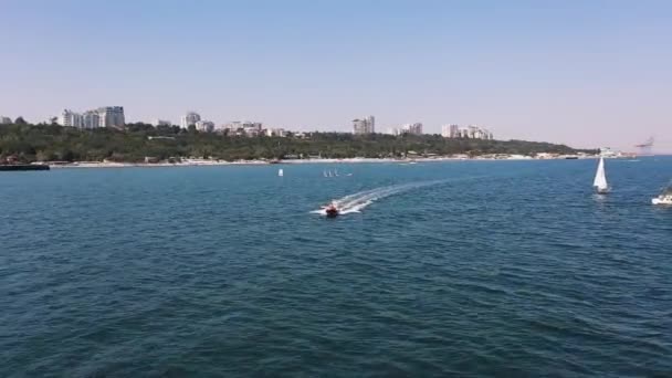 Sport motor boat fast swim in the sea near a lot of white sail yachts — Vídeos de Stock