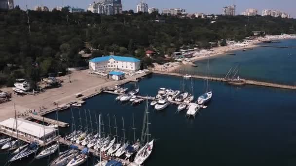 Vue aérienne sur un petit port près de la ville moderne — Video