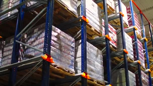Skladiště s kartonovými krabicemi uvnitř na paletových regálech, logistické centrum. — Stock video