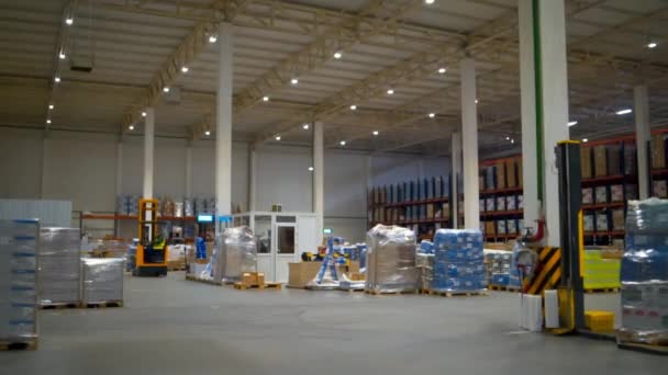 A big warehouse with a lot of good with moving forklift inside — Wideo stockowe