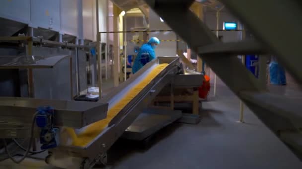 Mirando al trabajador que ve un derrame de macarrones secos de la unidad de la máquina — Vídeo de stock