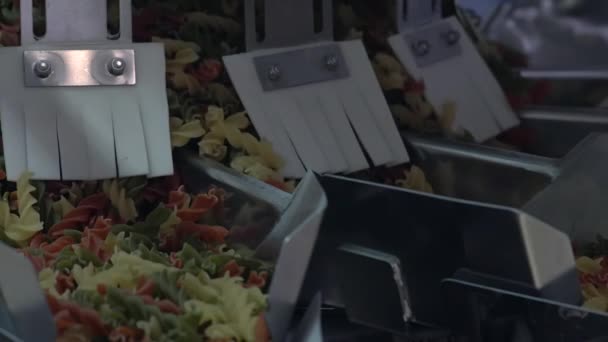 Proces van het verdelen van veel vervaardigde macaronis op gelijke delen voor verpakking — Stockvideo