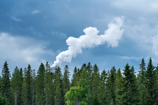 Pluma Fumaça Indústria Emitindo Gases Efeito Estufa Para Atmosfera Árvores — Fotografia de Stock