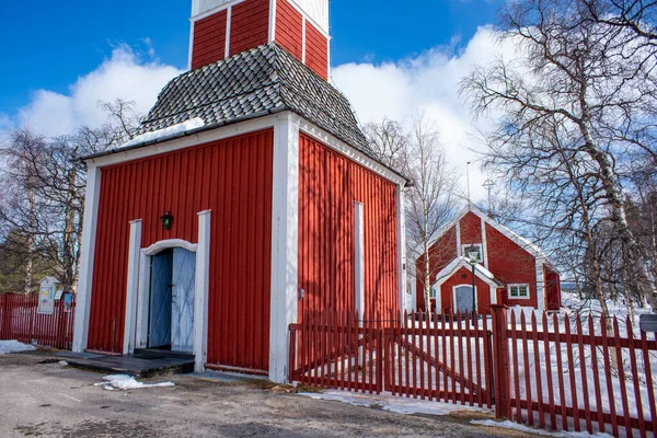 스웨덴의 Jukkasjarvi 2020 Jukkasjarvi Church Wooden Red Color Church 스웨덴의 — 스톡 사진