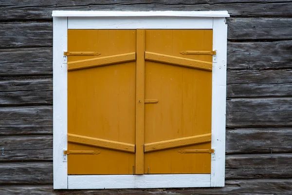 Decorative Orange Color Wood Work Window Shutters Aged Timber Cabin — Stock Photo, Image