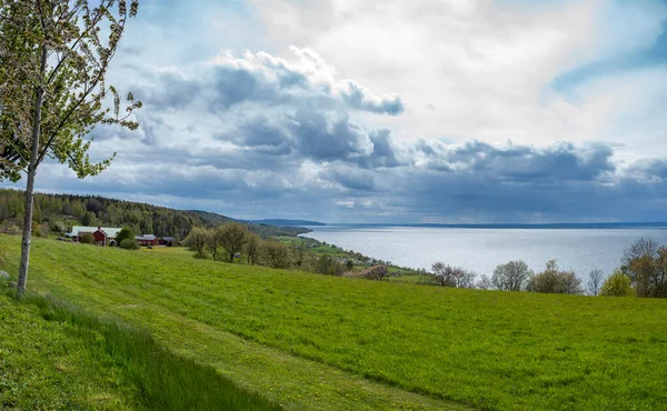 Paisaje Horizontal Pequeña Aldea Rural Idílica Uppgranna Junto Gran Lago — Foto de Stock