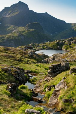Munkebu Huts Lofoten Adaları yaz mevsiminde. Kuzey Norveç manzarası güzel dağ zirveleri ve yansıtan göller.