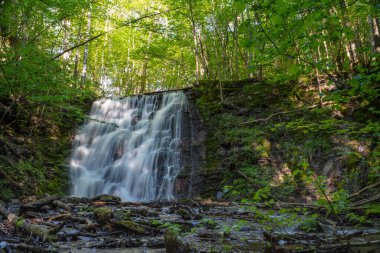 İsveç 'in Skovde kenti yakınlarındaki Lush dingin ormanı ve kırsal değirmen çevresindeki düşük güneş ışınlarıyla aydınlanan Gümüş Fallet Merdiven Şelalesi.