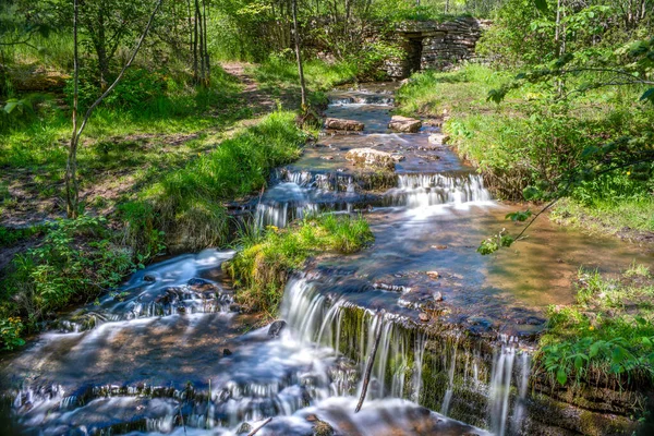 Cachoeira Martorpsfallet Riacho Delicado Declinando Floresta Exuberante Rocha Calcária Molhada — Fotografia de Stock