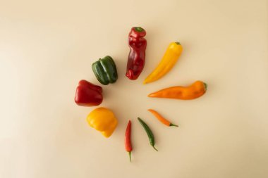 Fresh juicy  peppers, chili, red, orange and green,  on a pastel background. healthy food. healthy coocking. minimal flat lay concept
