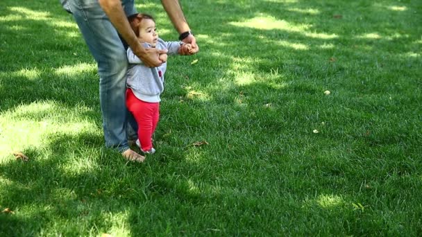 Дитина вчиться ходити разом батько — стокове відео