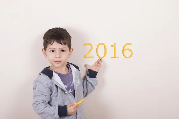 Boy show new year text — Stock Photo, Image