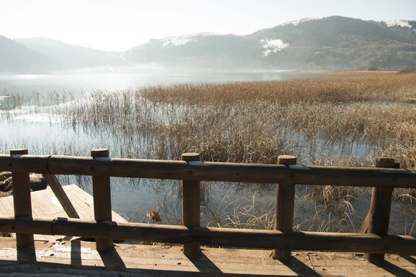 Wood fencing and lake — Stock Photo, Image