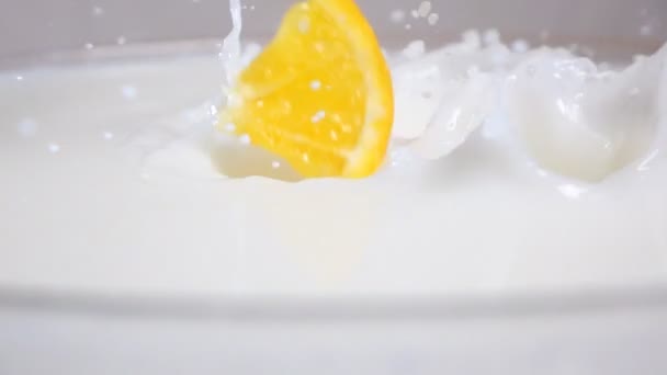 Frukt mix droppar in mjölk — Stockvideo