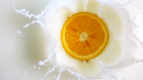 Hälfte der Orangen fällt in Milch — Stockvideo