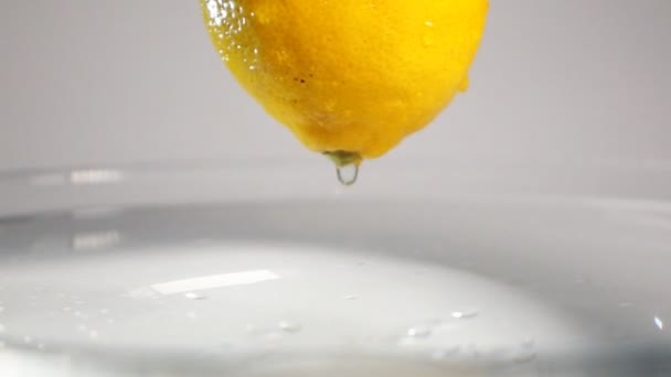 Drop of water drip from lemon — Stock Video