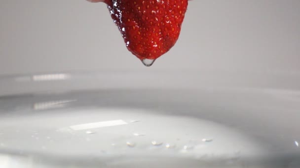 Gouttelettes tombant de la fraise dans l'eau — Video