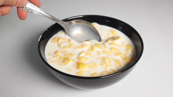 Wirrwarr Cornflakes in Milch mit einem Löffel — Stockvideo