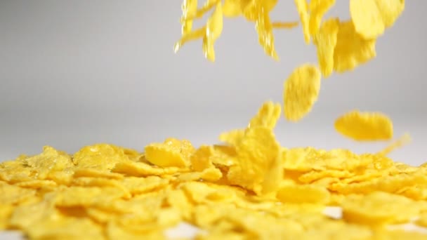 Los copos de maíz caen sobre la superficie blanca — Vídeo de stock