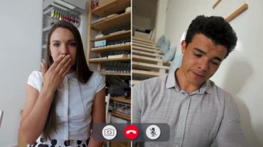 Bir adam çevrimiçi görüşme sırasında can sıkıntısı gösterir. İkisi de farklı duyguları ifade ederken bir kadın el kol hareketi yapar. Basit bir arkaplanı olan sıradan bir ortamda olur bu..