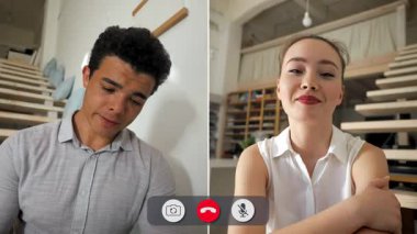 Bölünmüş ekran, bir kadın onunla görüşmeye çalışırken bir adamın telefonda sıkılmış göründüğünü gösteriyor. Her ikisi de çevrimiçi buluşmaları sırasında karışık duygular göstererek bir anı paylaşıyorlar..