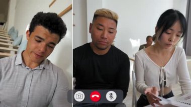 Çevrimiçi bir aramada bir tarafta sıkılmış bir adam ve not alan bir arkadaş görülüyor. Ayrı yerlerde otururken öğrenim konuları hakkındaki fikirleri paylaşıyorlar..