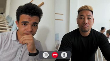 Bir adam çevrimiçi görüşme sırasında sıkılmış görünüyor. Boş bir ifadeyle evde oturuyor. Videoda onunla ilgilenmeyen birden fazla kareyi gösteriyor..