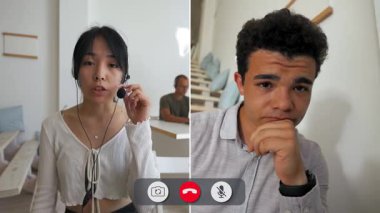 Çevrimiçi bir aramada bir adam sıkılmış görünüyor. Başka bir öğrenci dinlerken iki kişi konuşuyor. Bir projeyi tartışıyorlar ama yorgunluk belirtileri gösteriyorlar. Ayarlar gündelik..